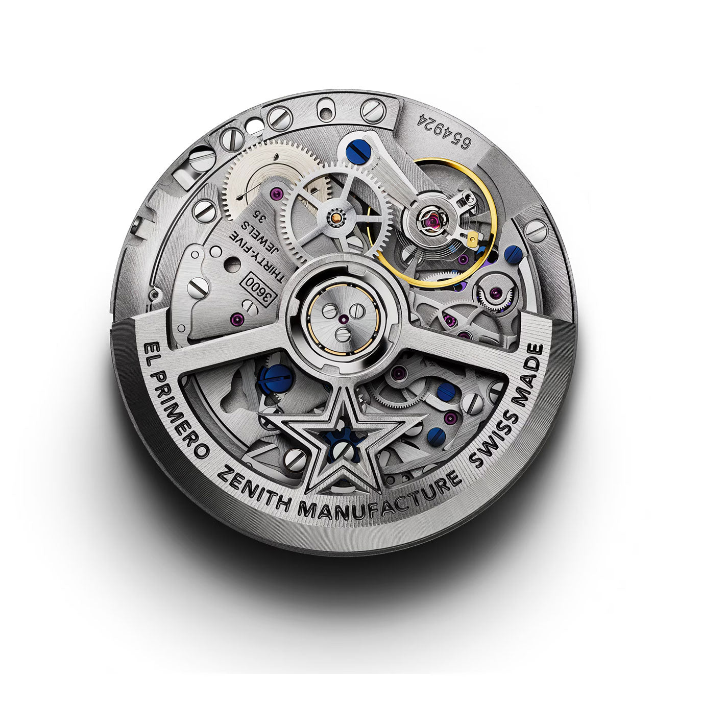 Detailed mechanical watch movement with gears, screws, and a star emblem, labeled Swiss Made.