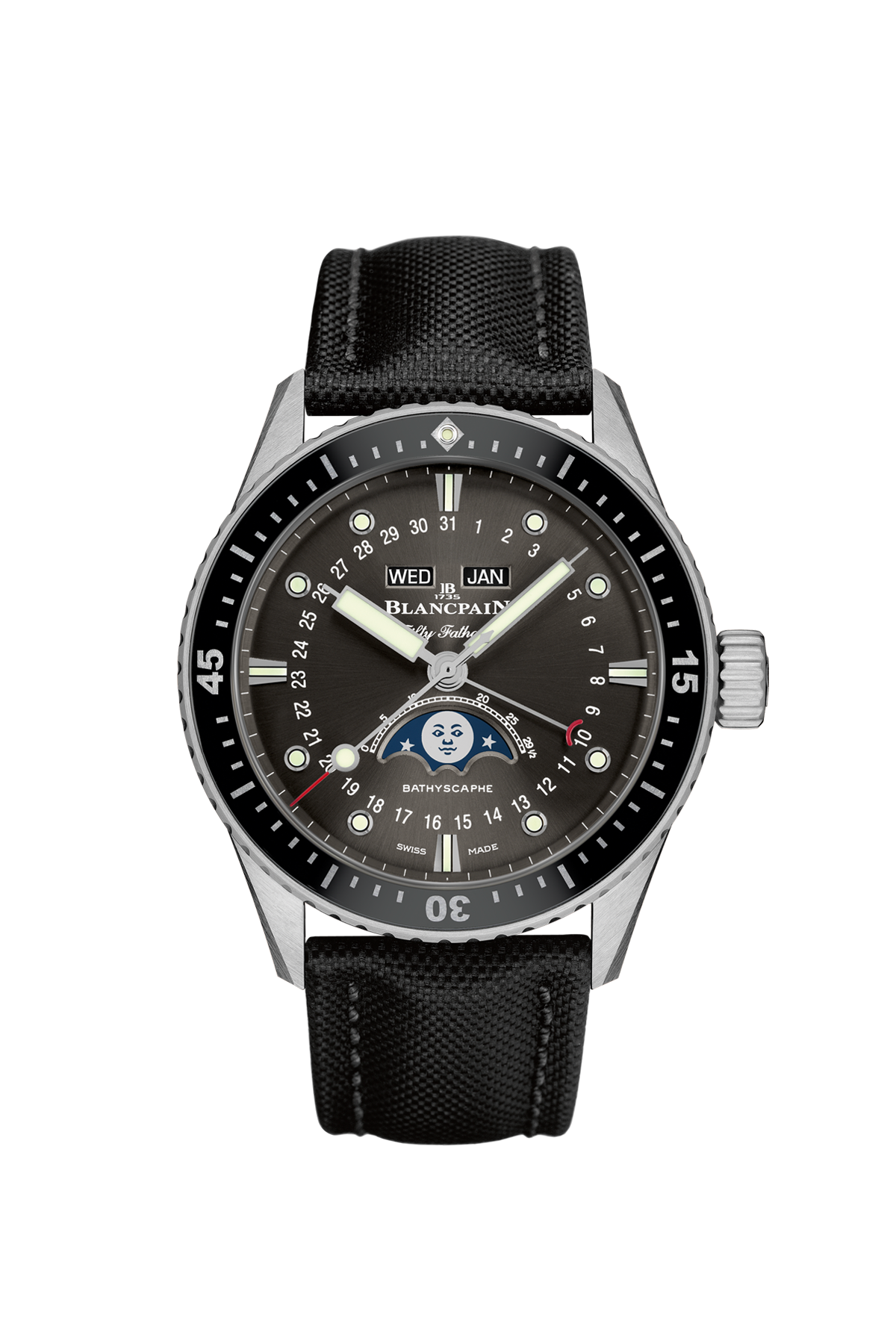 Unworn Blancpain Fifty Fathoms Bathyscaphe Quantième Complet Phases de Lune, Stainless Steel, 43mm, Ref# 5054-1110-B52A