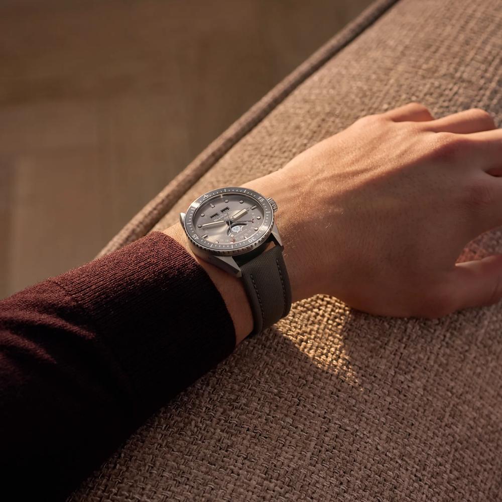 Unworn Blancpain Fifty Fathoms Bathyscaphe Quantième Complet Phases de Lune, Titanium, 43mm, Ref# 5054-1210-G52A, Watch on hand