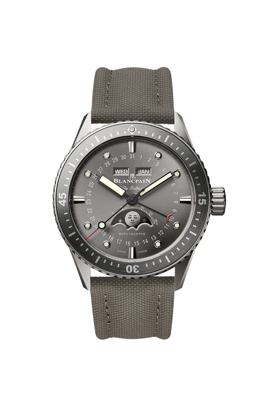 Unworn Blancpain Fifty Fathoms Bathyscaphe Quantième Complet Phases de Lune, Titanium, 43mm, Ref# 5054-1210-G52A