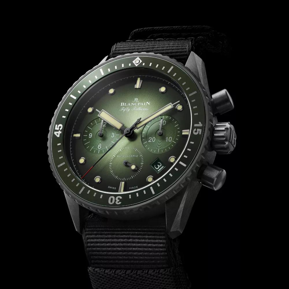 Unworn Blancpain Fifty Fathoms Bathyscaphe Chronographe Flyback, Black ceramic, 43.6mm, Ref# 5200-0153-NABA, Main view 1
