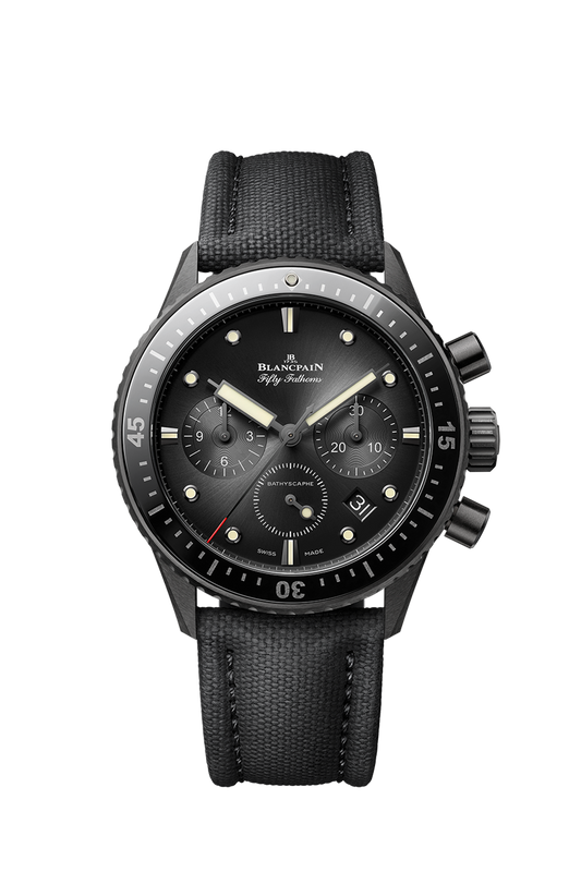 Unworn Blancpain Fifty Fathoms Bathyscaphe Chronographe Flyback, Black ceramic, 43.6mm, Ref# 5200-0130-B52A