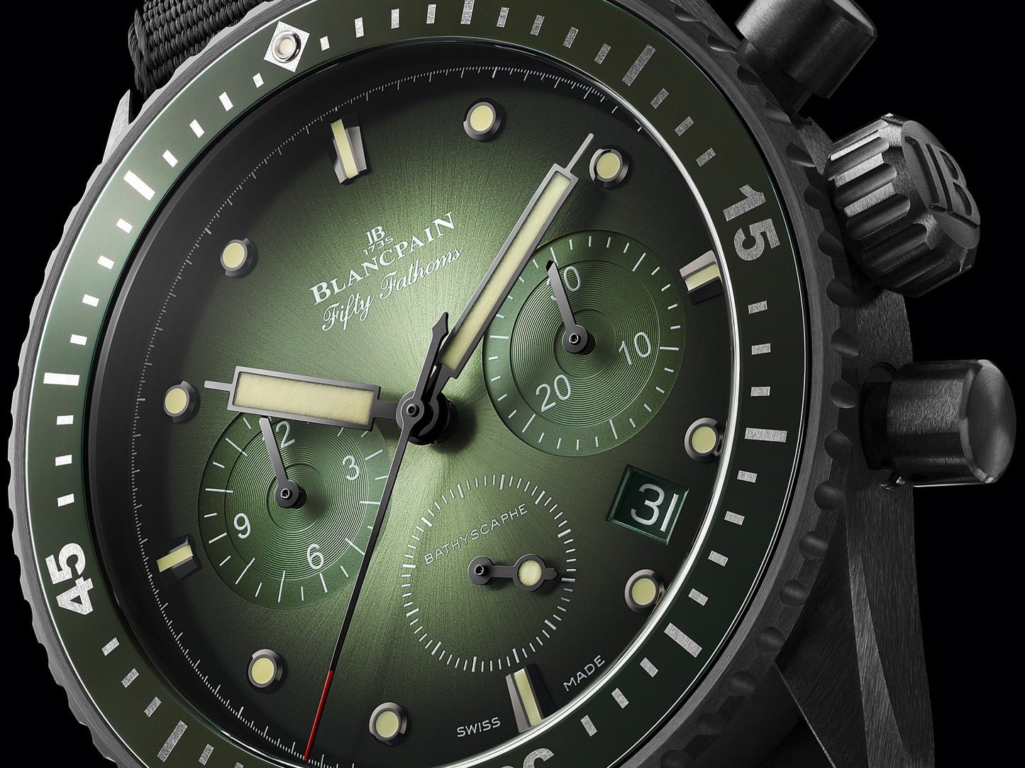 Unworn Blancpain Fifty Fathoms Bathyscaphe Chronographe Flyback, Black ceramic, 43.6mm, Ref# 5200-0153-B52A, Right