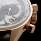 Close-up of a luxury chronograph watch with a rose gold case and black dial details.