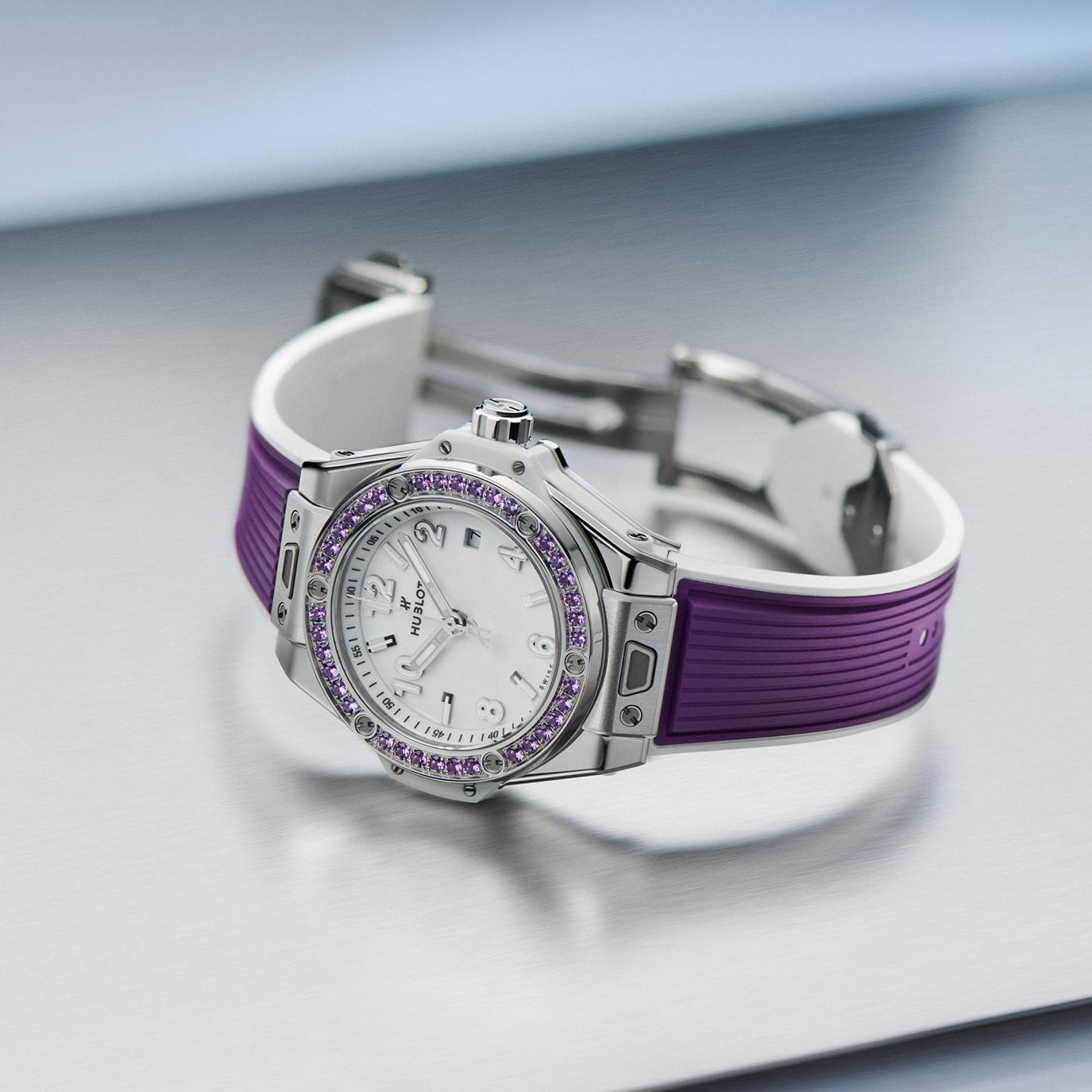 Unworn Hublot Big Bang Joyful Steel Purple, Ref# 485.SV.2210.RX.1205, box and papers.