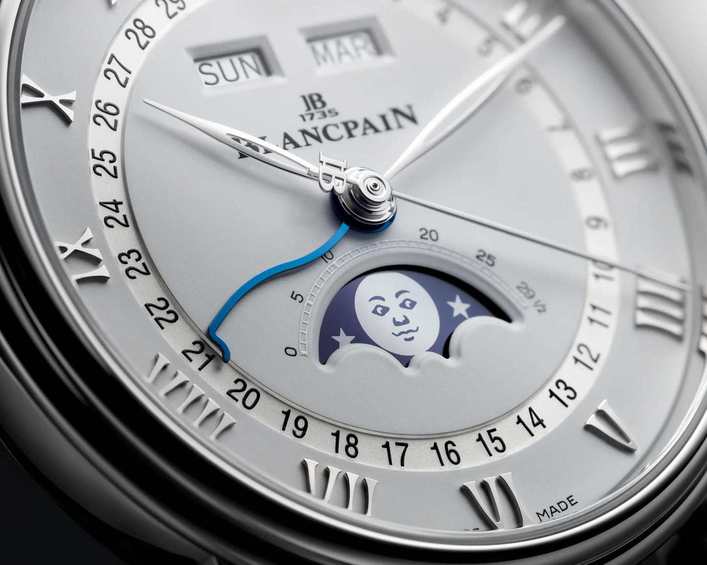 Unworn Blancpain Villeret Ultra Slim Moonphase and Complete Calender, Stainless Steel, 40 mm, Ref# 6654A-1127-55B, Dial