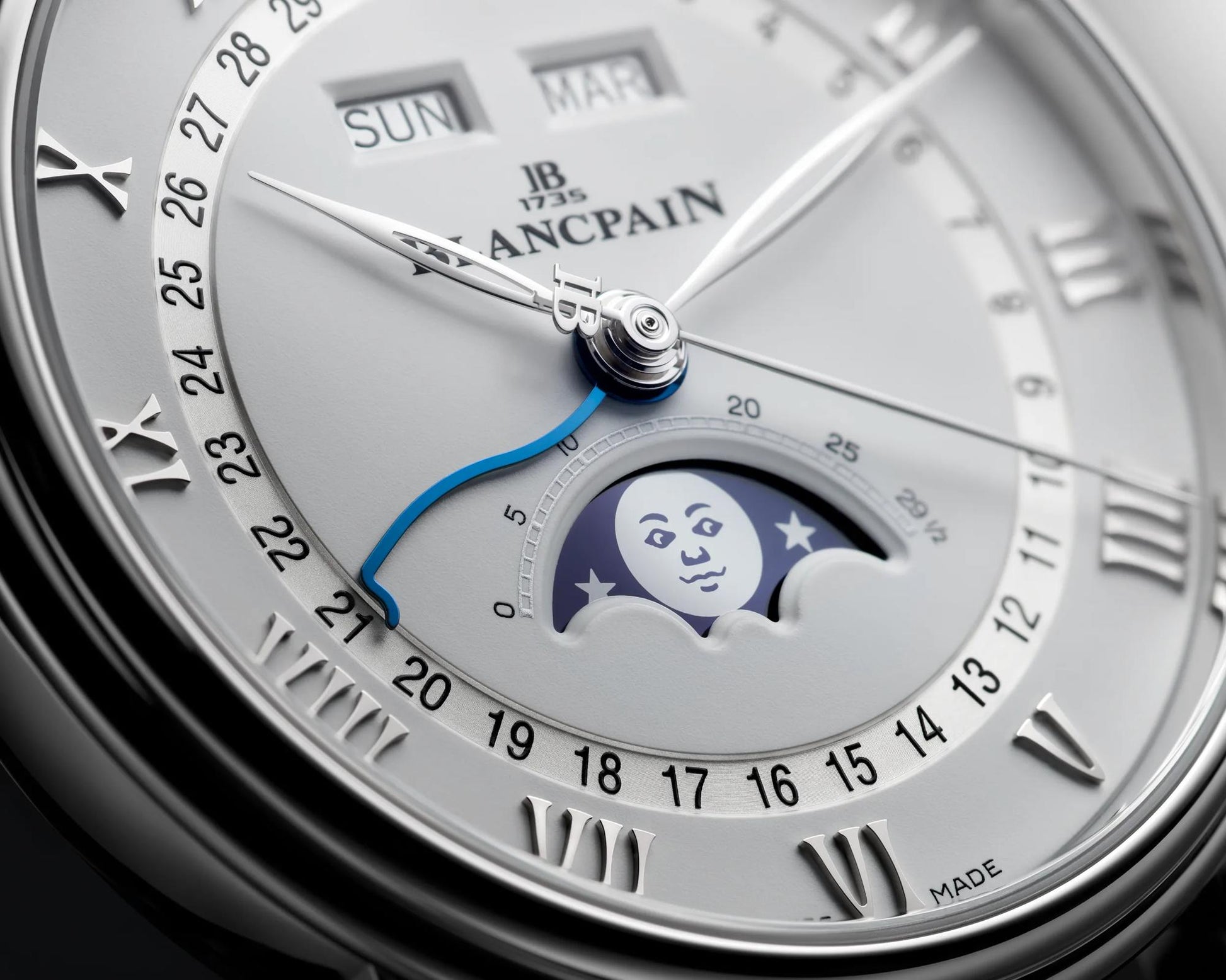 Unworn Blancpain Villeret Ultra Slim Moonphase and Complete Calender, Stainless Steel, 40 mm, Ref# 6654A-1127-55B, Dial