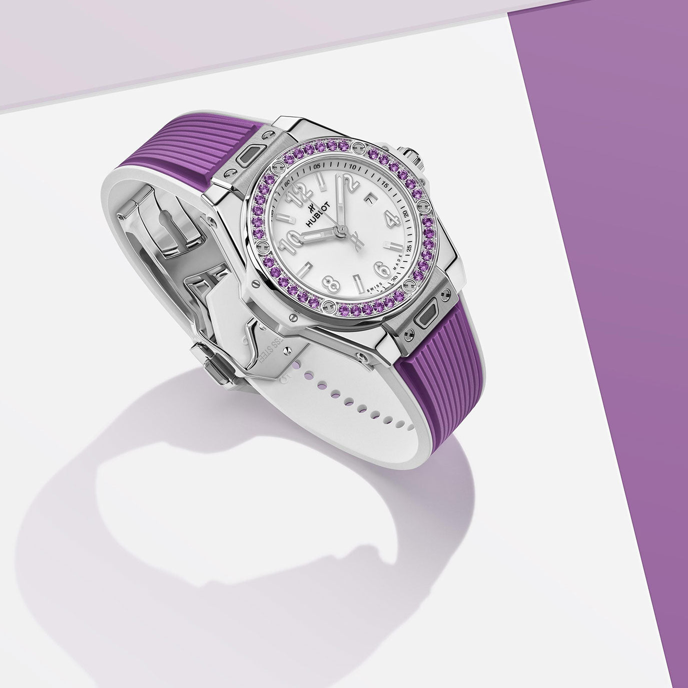 Unworn Hublot Big Bang Joyful Steel Purple, Ref# 485.SV.2210.RX.1205, box and papers.