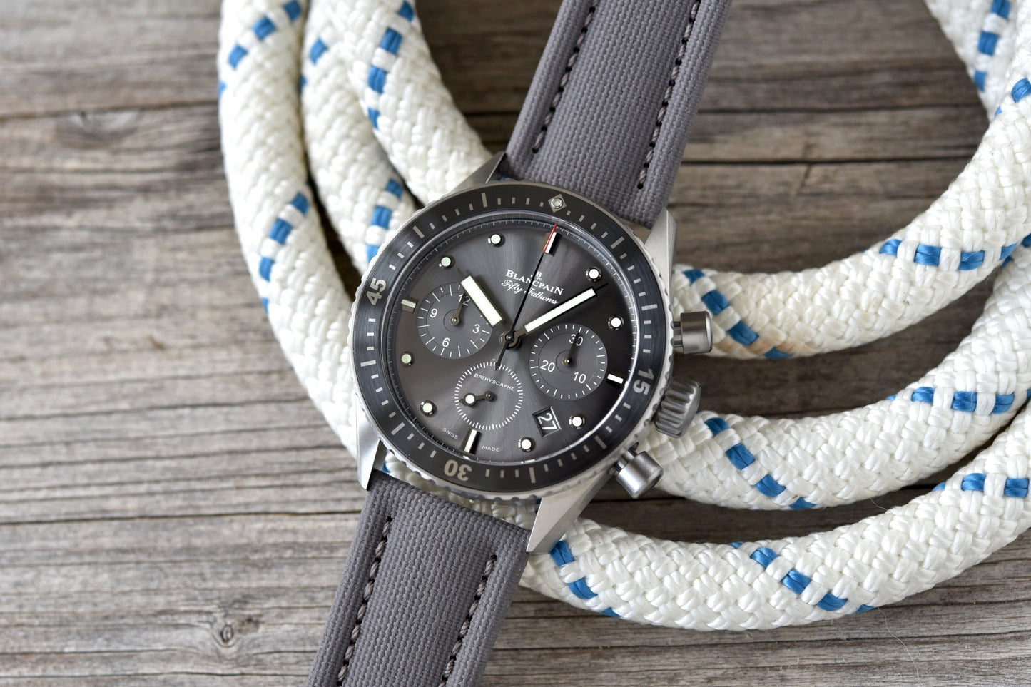 Unworn Blancpain Fifty Fathoms Bathyscaphe Chronographe Flyback, Titanium, 43mm, Ref# 5200-1210-G52A, Main view