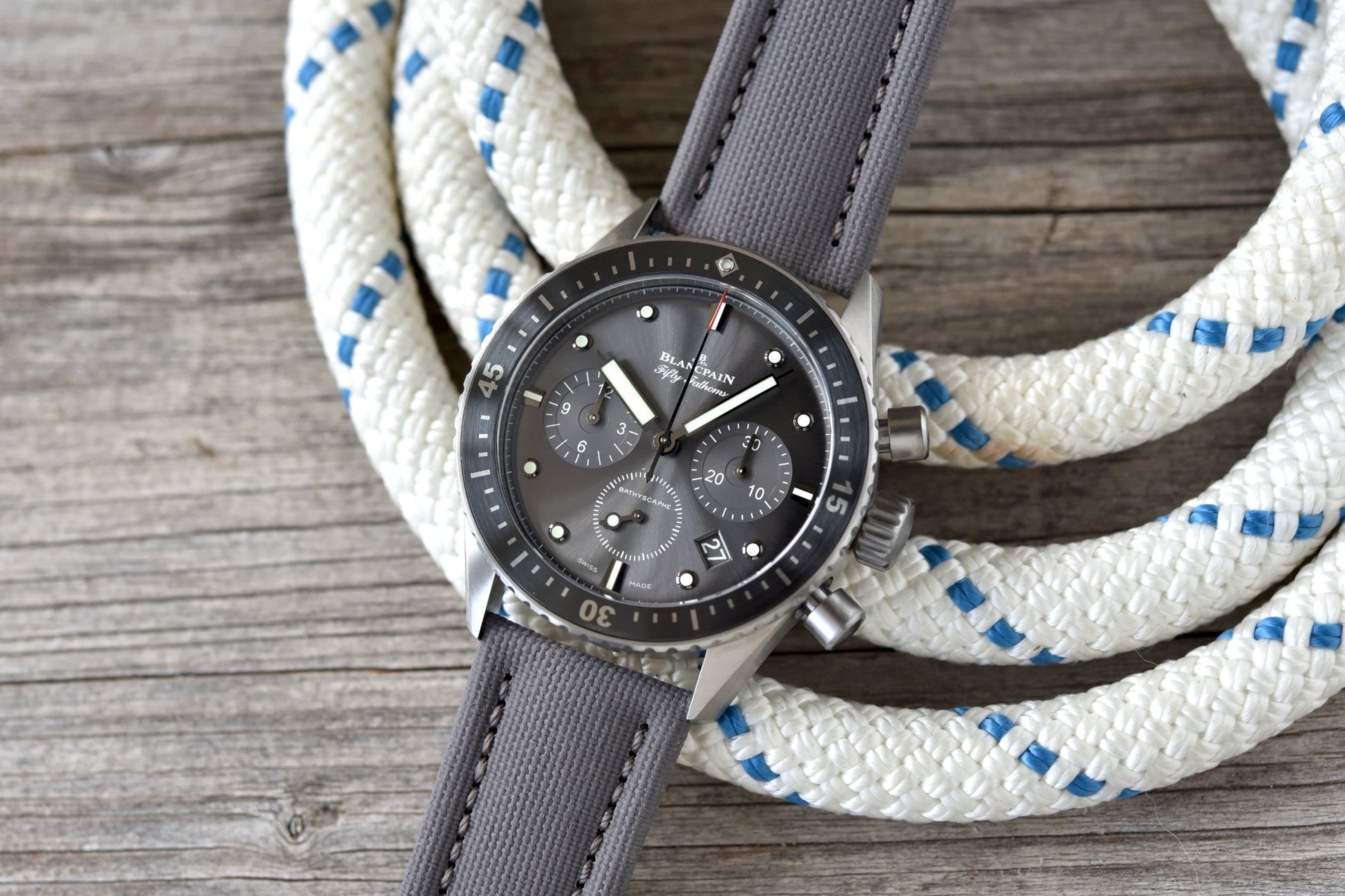 Unworn Blancpain Fifty Fathoms Bathyscaphe Chronographe Flyback, Titanium, 43mm, Ref# 5200-1210-G52A, Main view