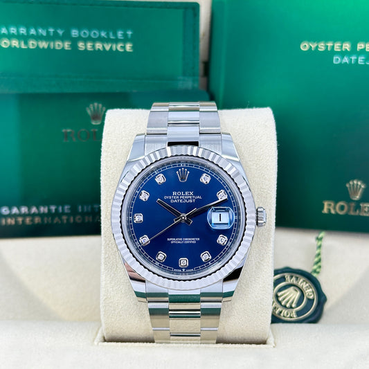 Rolex, Datejust 41, Oystersteel and 18k White Gold, Bright Blue with Diamonds Dial, Oyster 126334-0015