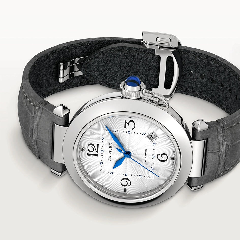 Unworn Cartier Pasha de Cartier, Stainless Steel, 41mm, Ref# WSPA0010, Main view with optional grey alligator strap 