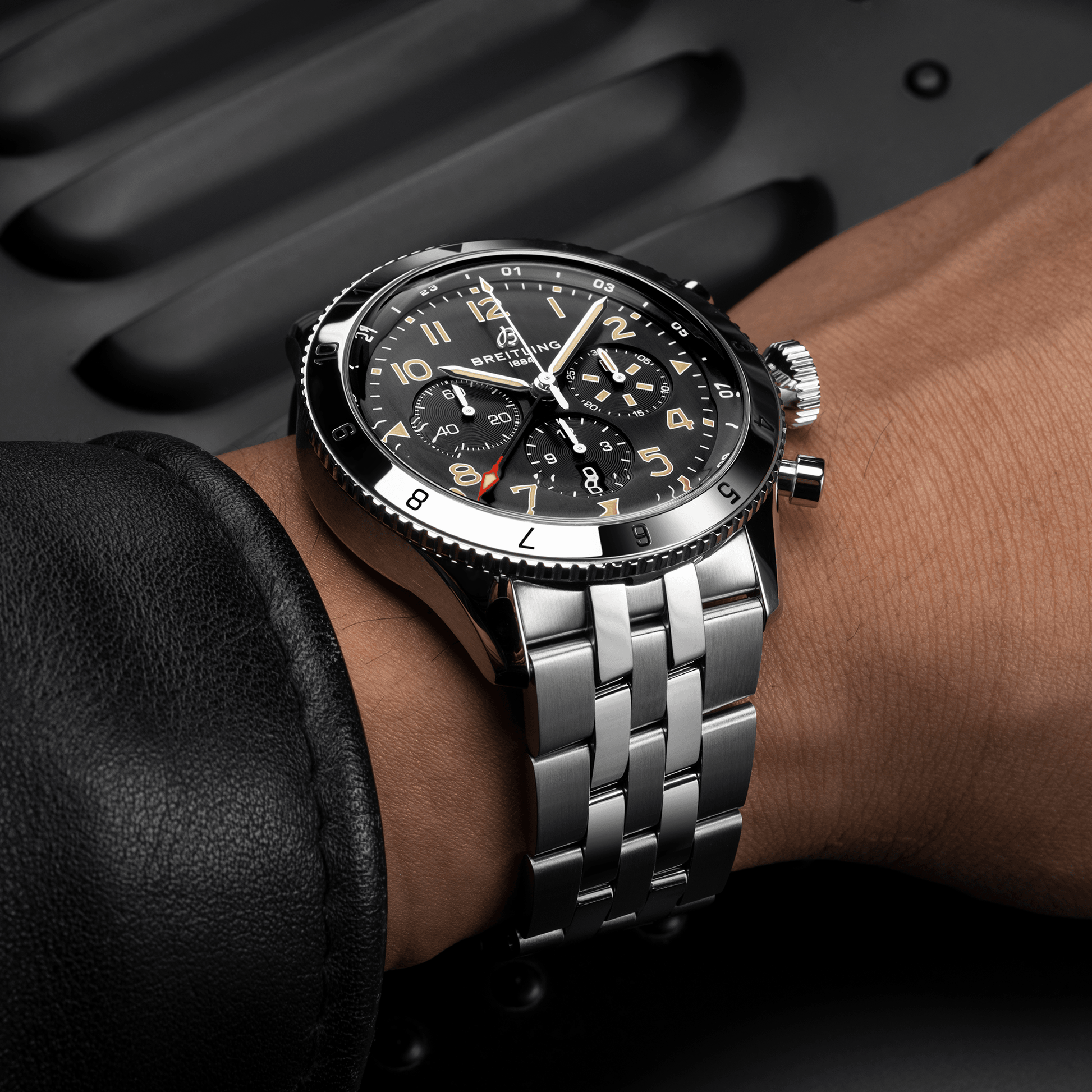 Breitling Classic AVI B04 Chronograph 46 P-51 Mustang, Stainless Steel, Ref# AB04453A1B1A1, Unworn 2024, Watch on Hand