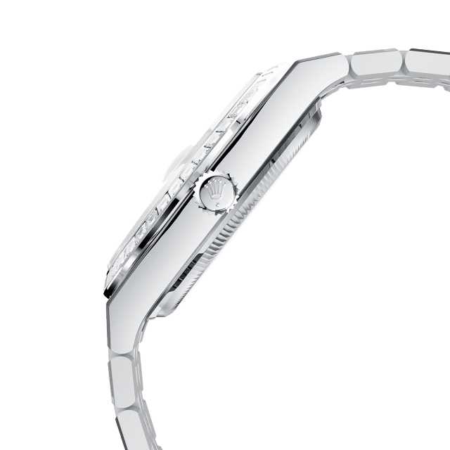 Unworn 2025, Rolex Land-Dweller 36, Platinum and Diamonds, Ice blue dial, Flat Jubilee, Ref# 127286tbr-0001, Right