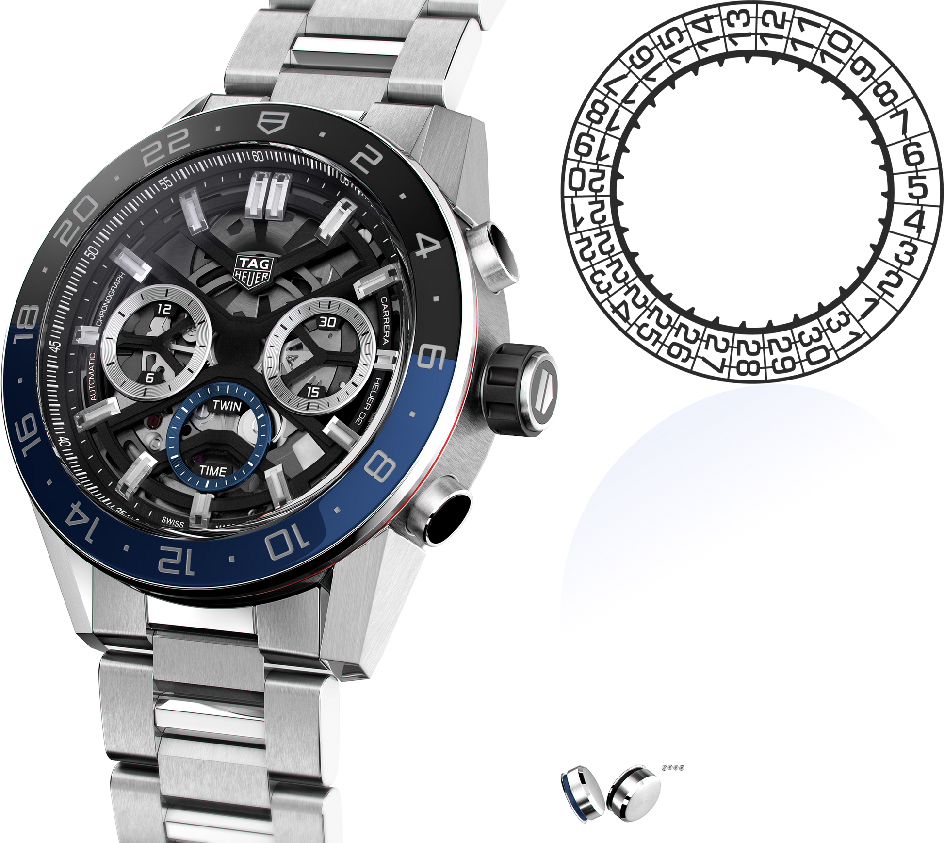 Unworn TAG Heuer Carrera Chronograph Twin-Time, Stainless Steel and Ceramic, 45mm, Ref#CBG2A1Z.BA0658, Dial right
