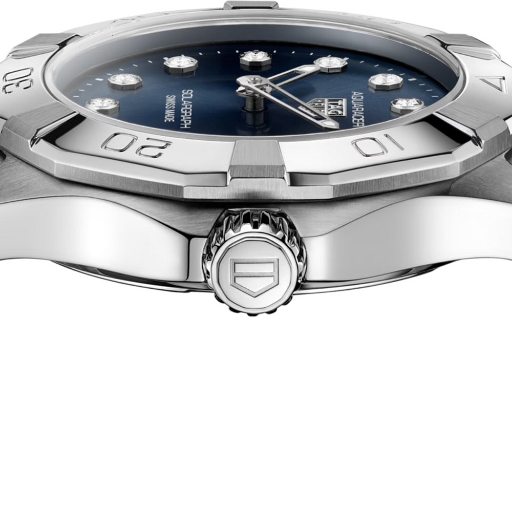 TAG Heuer Aquaracer Professional 100 Solargraph, Stainless Steel and Diamonds set, Solar Quartz, 28 mm, Ref# WBP141E.BA0049, Crown