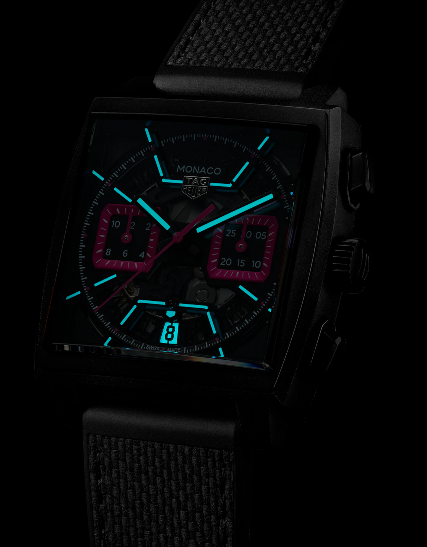 TAG Heuer Monaco Chronograph Skeleton, Black DLC Titanium, Automatic, 39mm, Ref# CBL218B.FT6236, Luminous