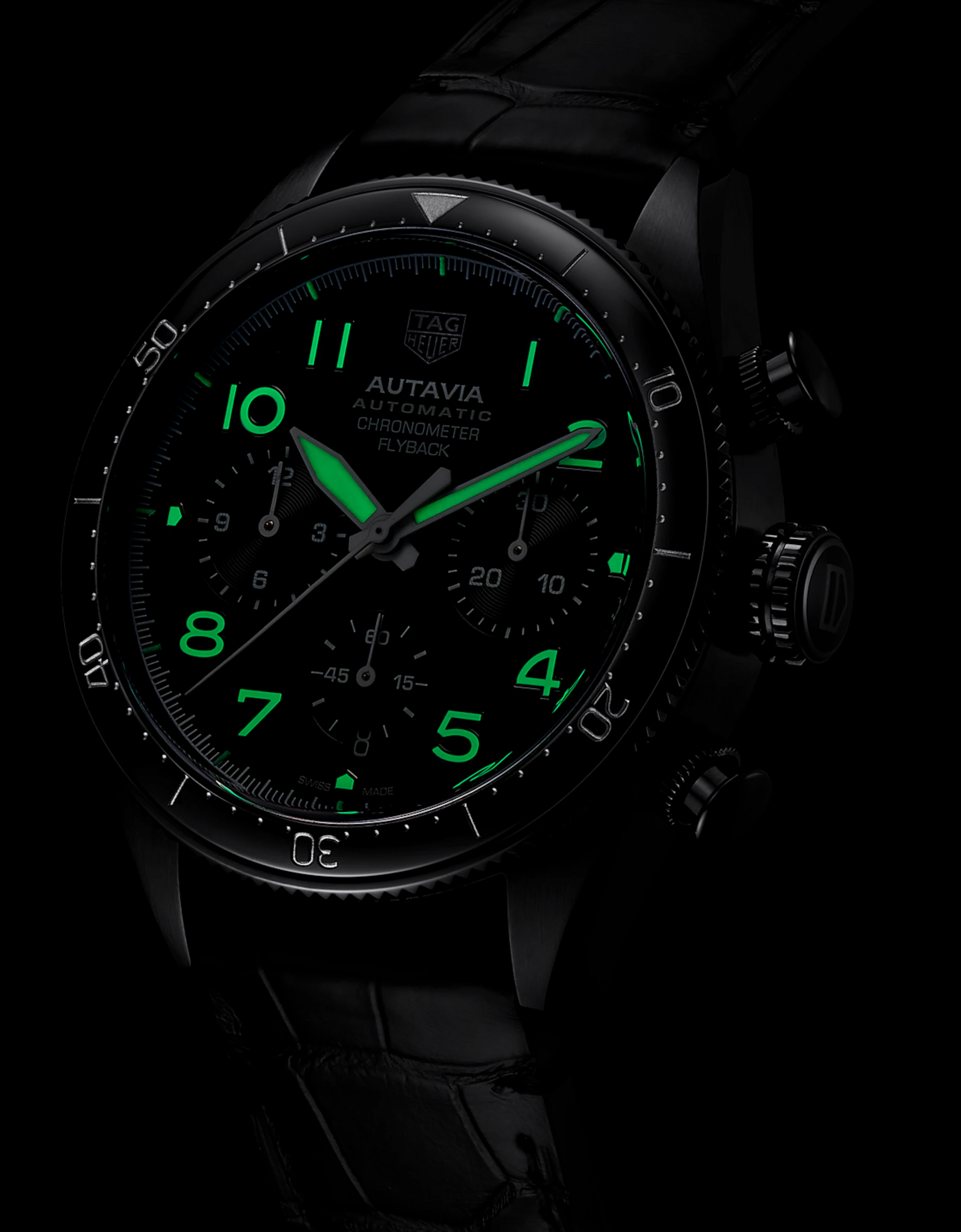 TAG Heuer Autavia Flyback Chronometer, 42 mm, Black DLC Stainless Steel and ceramic, Ref# CBE511C.FC8280, Luminous