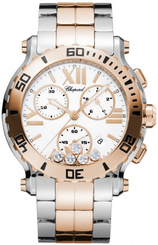 Unworn Chopard Happy Sport Chronograph, Stainless Steel and 18k Rose Gold, 5 floating diamonds, 42mm, Ref# 288499-6002