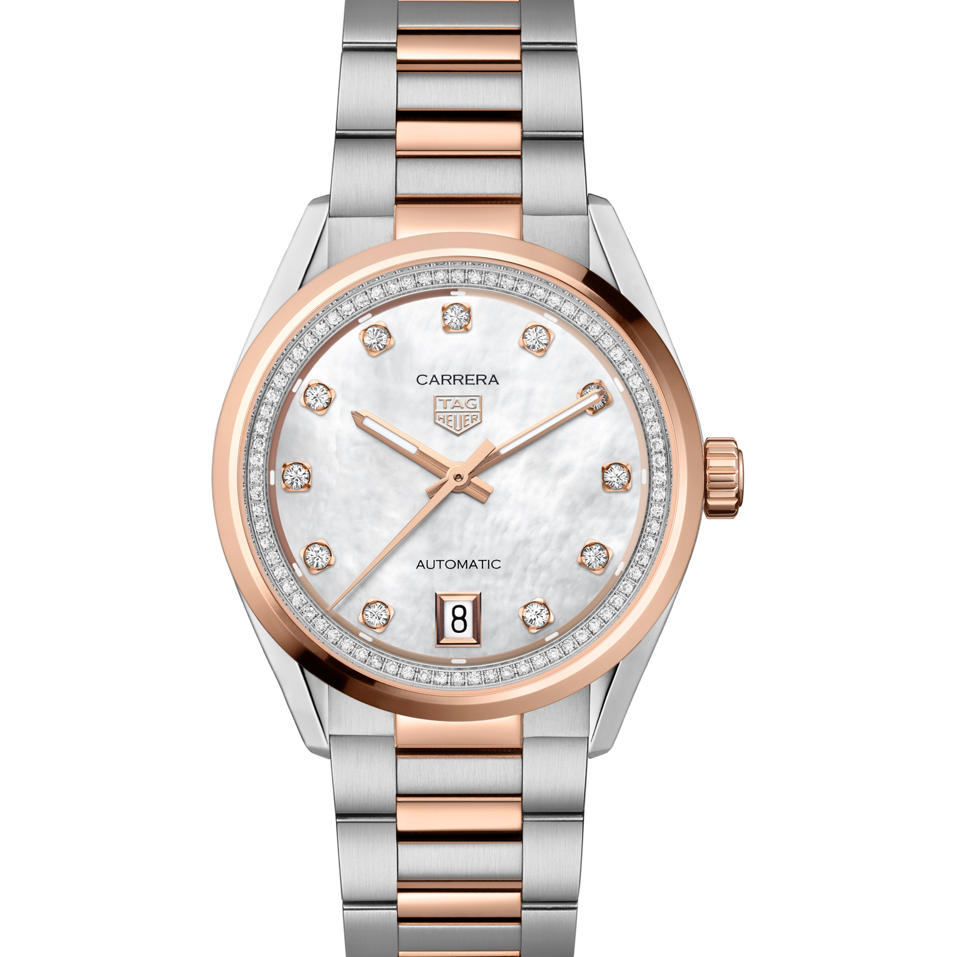 TAG Heuer Carrera Calibre 7 Date, Stainless Steel and 18k Rose Gold set with Diamonds, 36mm, Ref# WBN2351.BD0000, Dial