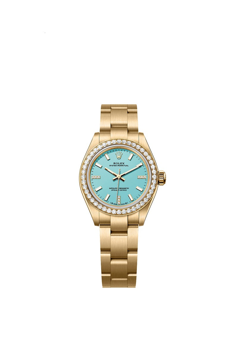 Rolex Oyster Perpetual, 18k Yellow Gold and Diamonds, 28mm, Turquoise blue dial, Oyster, Ref# 276248rbr-0001