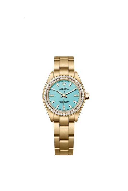 Rolex Oyster Perpetual, 18k Yellow Gold and Diamonds, 28mm, Turquoise blue dial, Oyster, Ref# 276248rbr-0001