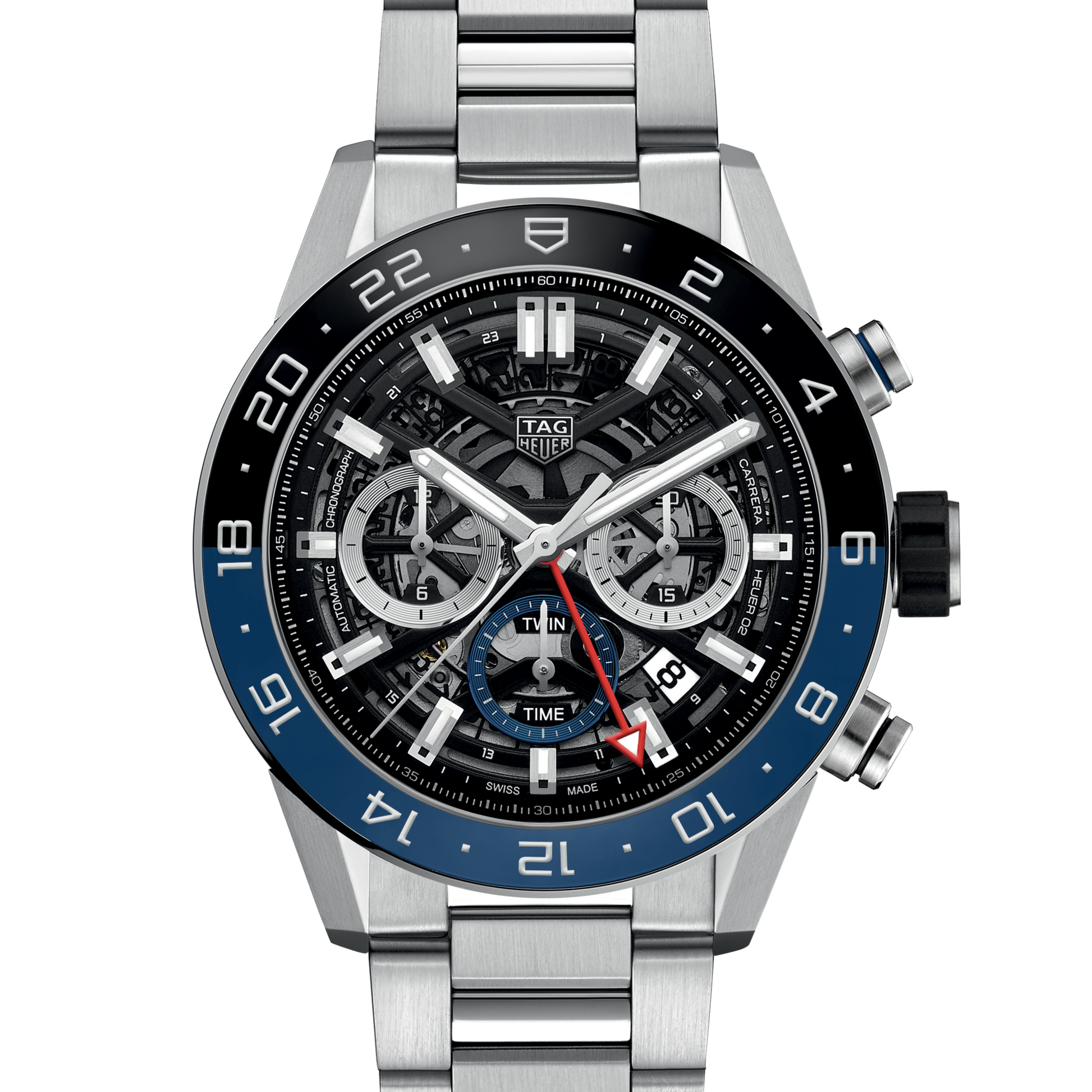 Unworn TAG Heuer Carrera Chronograph Twin-Time, Stainless Steel and Ceramic, 45mm, Ref#CBG2A1Z.BA0658, Dial
