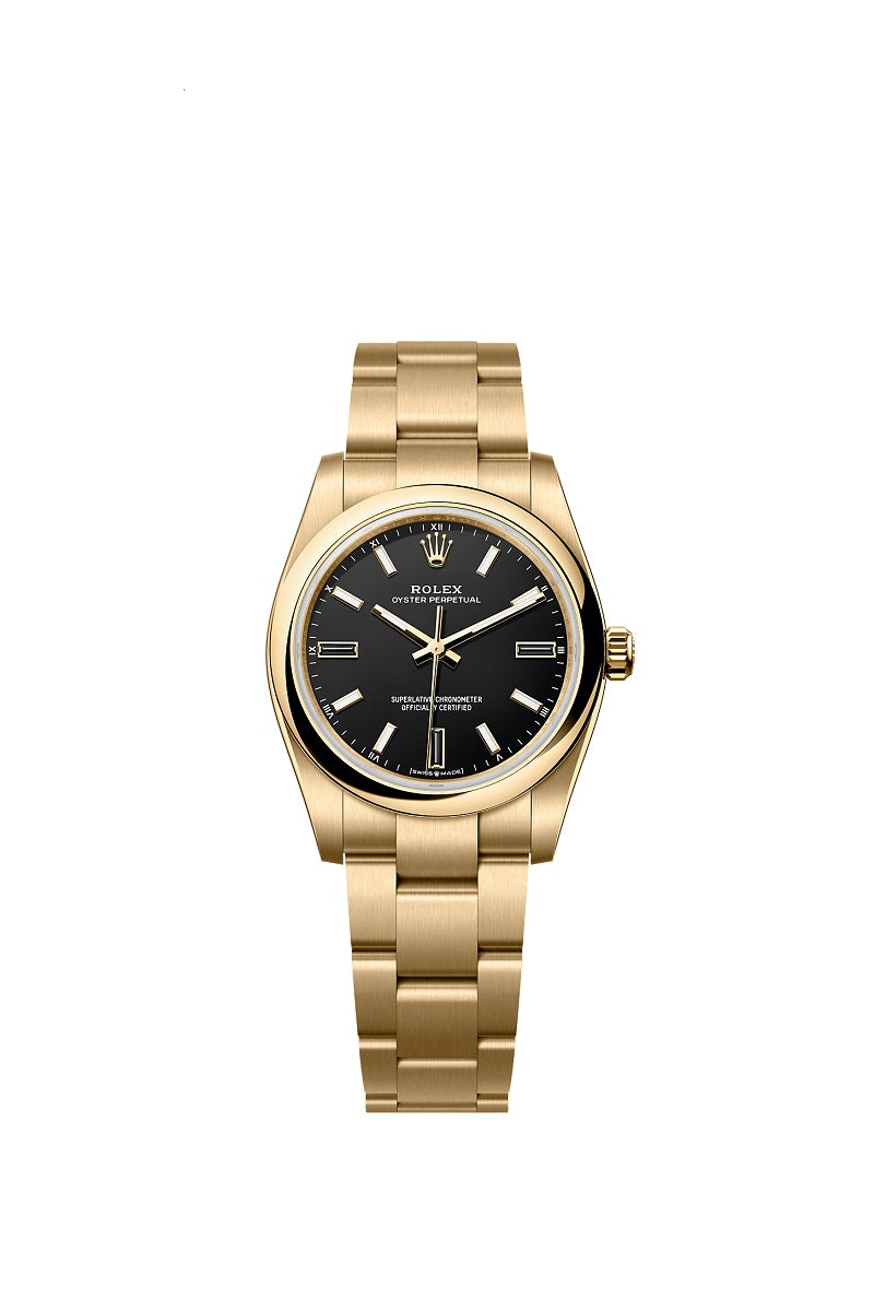 Rolex Oyster Perpetual 34, 18k Yellow Gold, 34mm, Black dial, Domed Oyster, Ref# 124208-0001