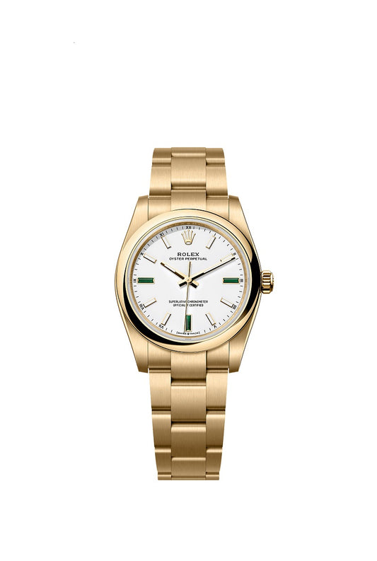 Rolex Oyster Perpetual 34, 18k Yellow Gold, 34mm, White dial, Domed Oyster, Ref# 124208-0002