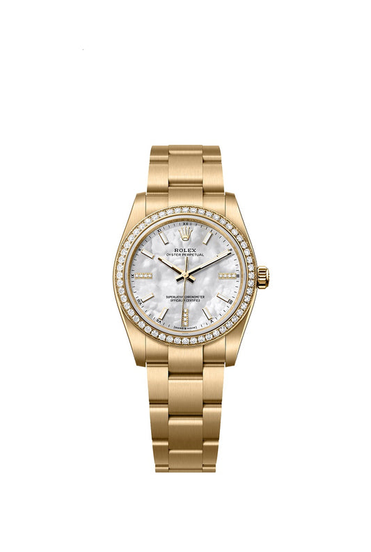 Rolex Oyster Perpetual 34, 18k Yellow Gold and Diamonds, 34mm, White Mother-of-Pearl dial, Oyster, Ref# 124248rbr-0001