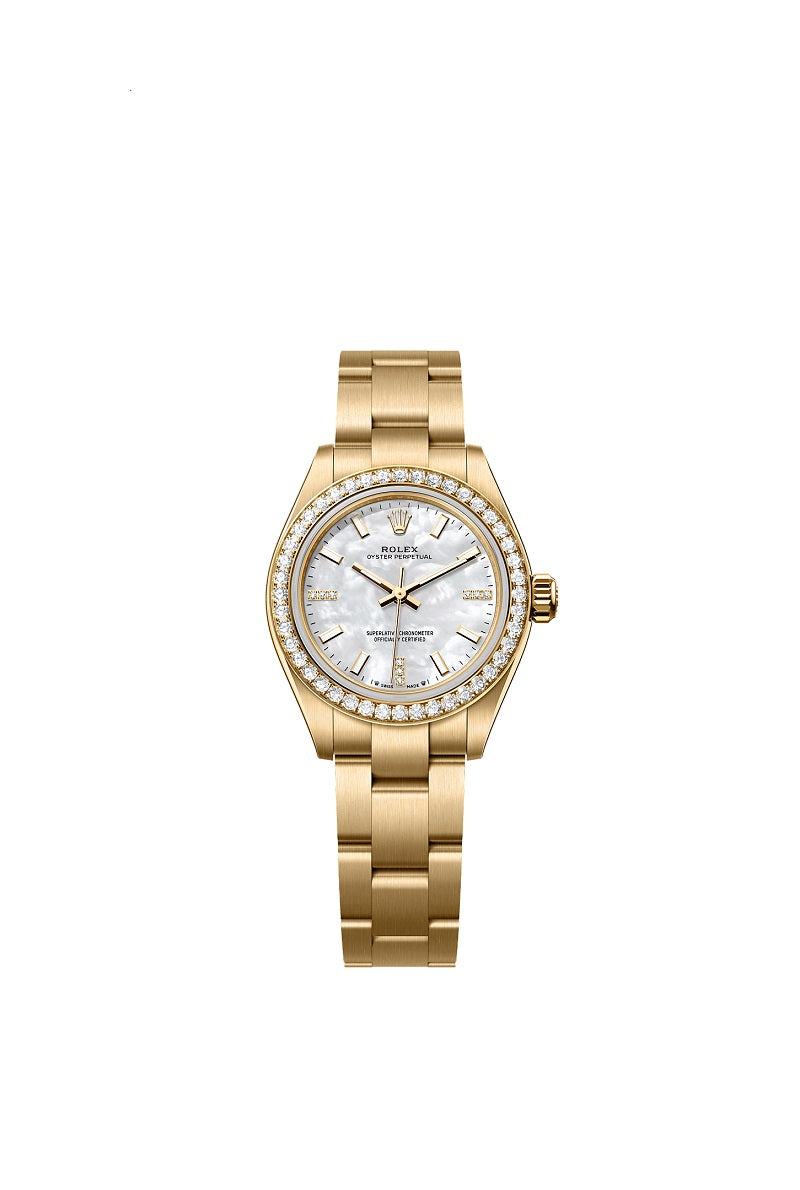 Rolex Oyster Perpetual, 18k Yellow Gold and Diamonds, 28mm, White Mother-of-Pearl dial, Oyster, Ref# 276248rbr-0002