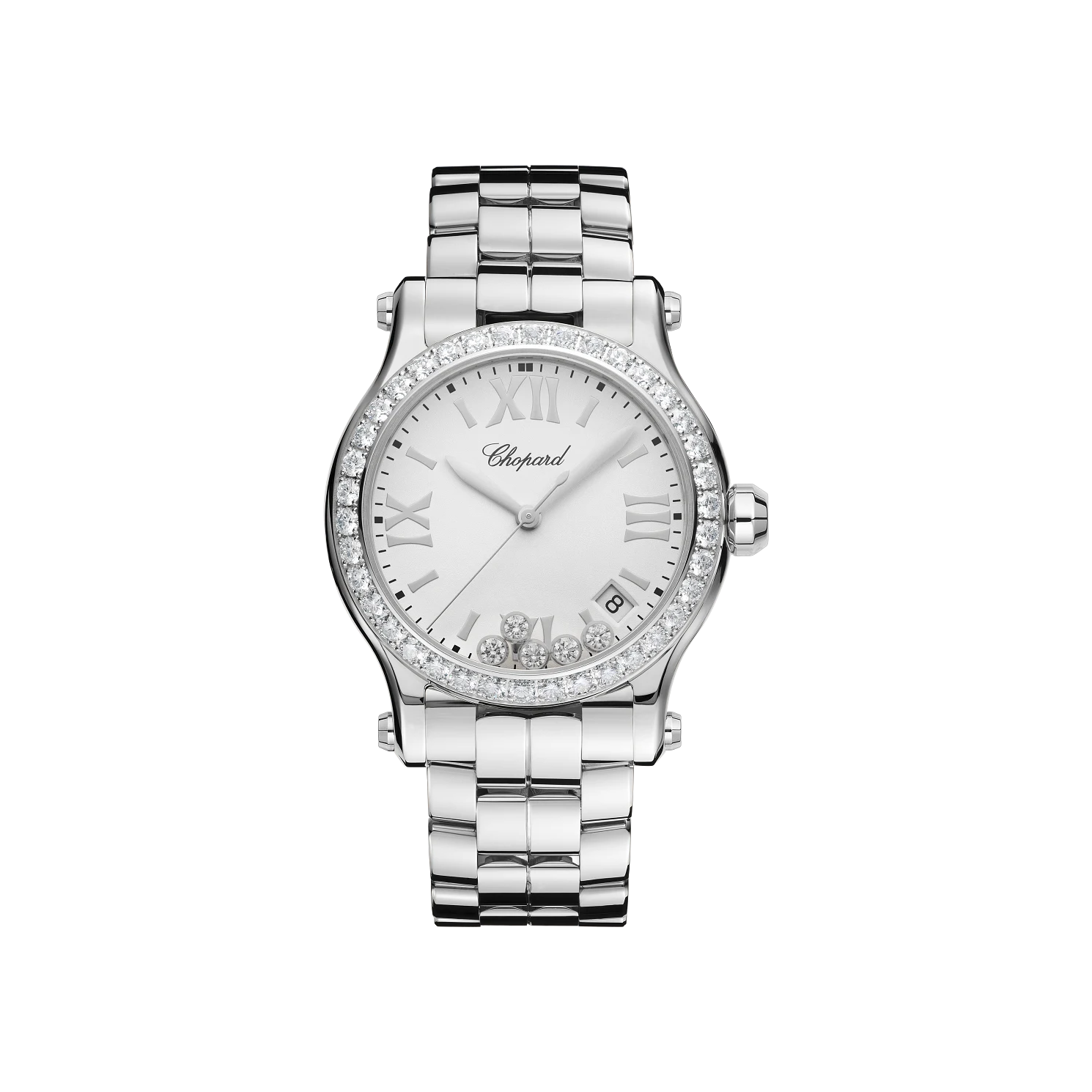 Unworn Chopard Happy Sport Quartz, Stainless Steel, 5 floating diamonds, 36mm, Ref# 278582-3004