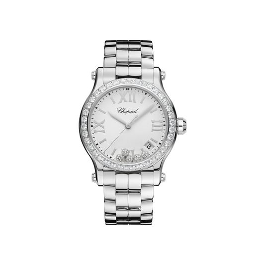 Unworn Chopard Happy Sport Quartz, Stainless Steel, 5 floating diamonds, 36mm, Ref# 278582-3004