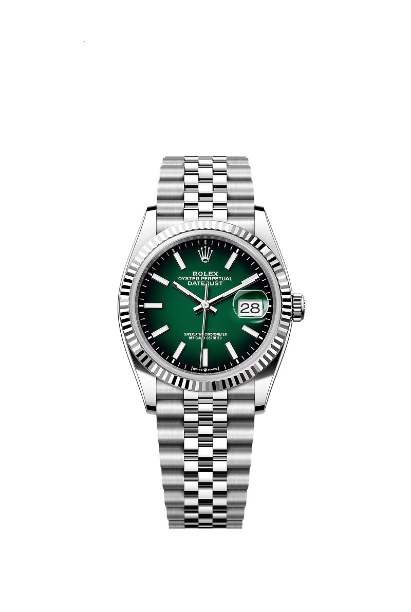 Rolex Datejust 36, Oystersteel and 18k White Gold, Green ombré dial, Fluted Jubilee, Ref# 126234-0059