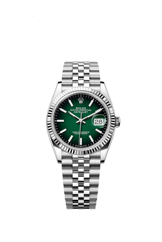 Rolex Datejust 36, Oystersteel and 18k White Gold, Green ombré dial, Fluted Jubilee, Ref# 126234-0059