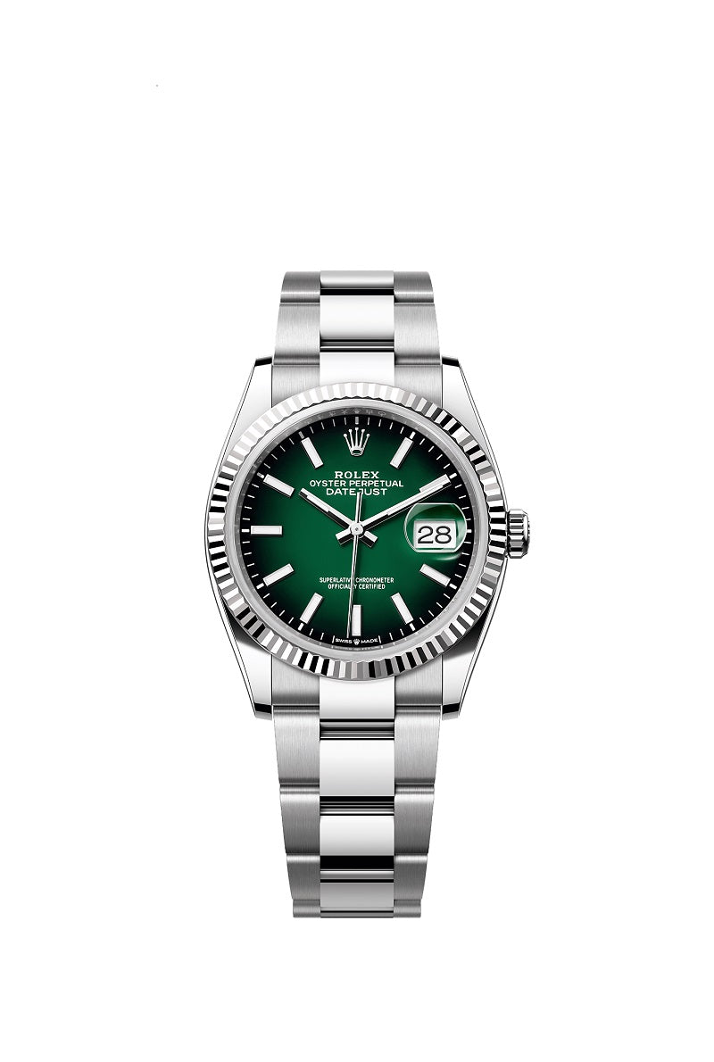 Rolex Datejust 36, Oystersteel and 18k White Gold, Green ombré dial, Fluted Oyster, Ref# 126234-0060