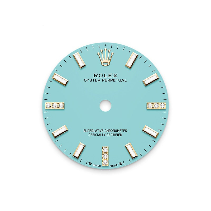 Rolex Oyster Perpetual, 18k Yellow Gold and Diamonds, 28mm, Turquoise blue dial, Oyster, Ref# 276248rbr-0001, Dial