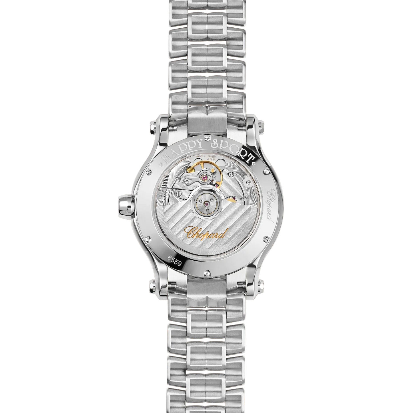 Unworn Chopard Happy Sport, Stainless Steel, 7 floating diamonds, 36mm, Ref# 278559-3025, Back
