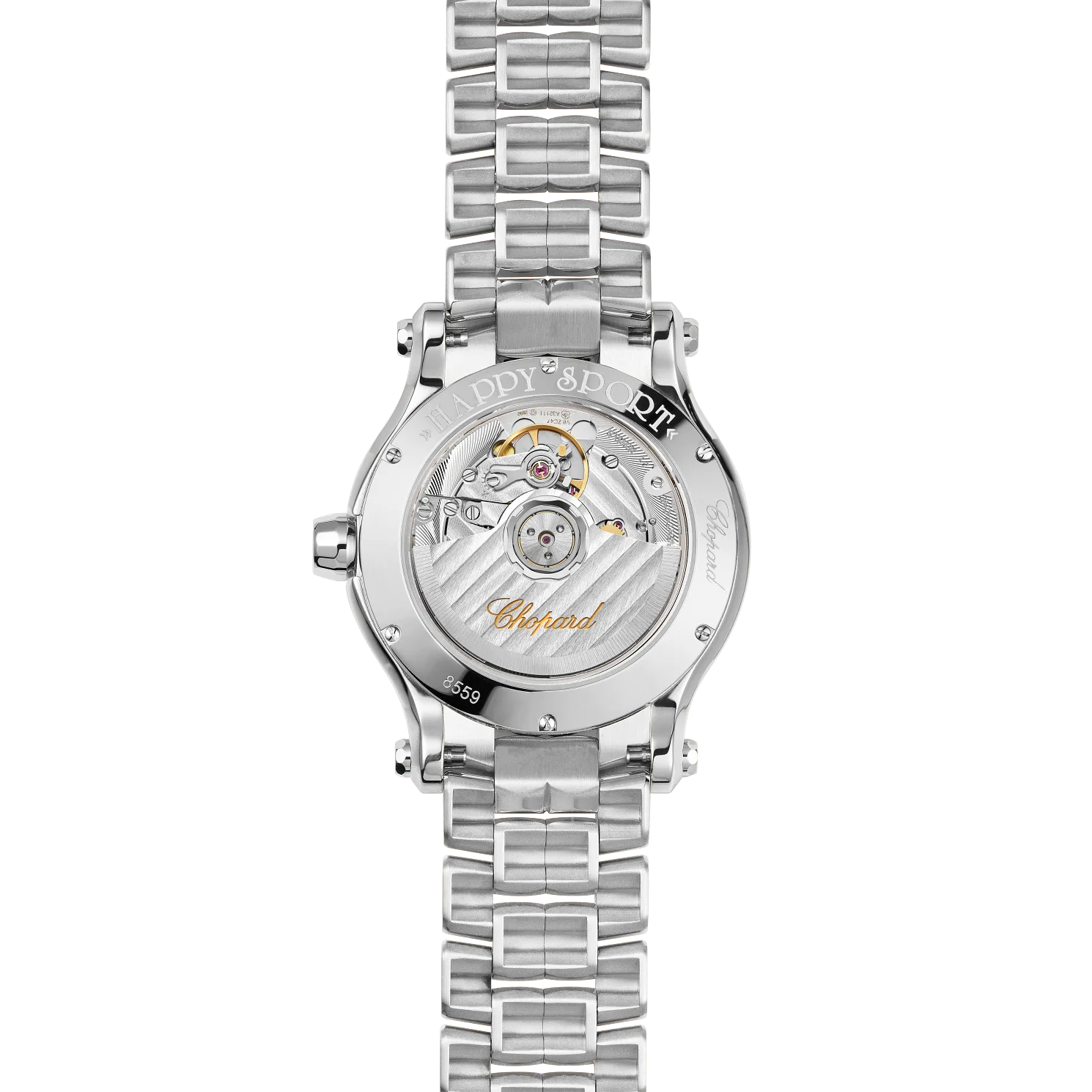 Unworn Chopard Happy Sport, Stainless Steel, 7 floating diamonds, 36mm, Ref# 278559-3025, Back