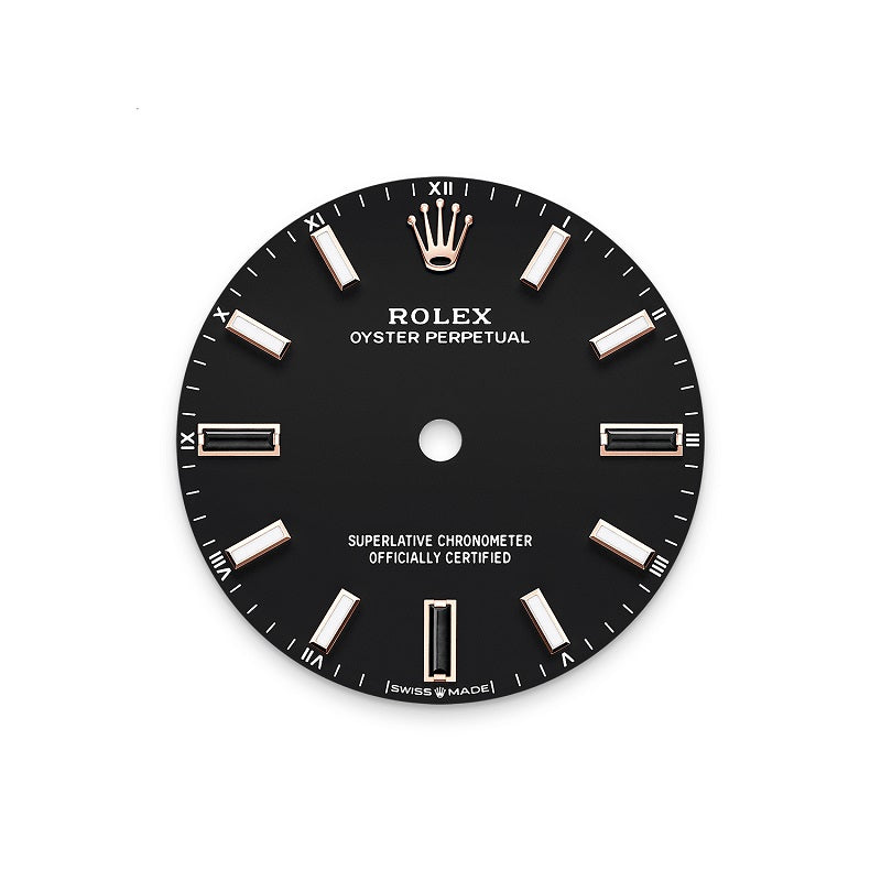Rolex Oyster Perpetual 34, 18k Everose Gold, 34mm, Black dial, Domed Oyster, Ref# 124205-0001, Dial