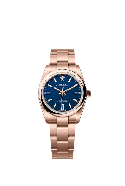 Rolex Oyster Perpetual 34, 18k Everose Gold, 34mm, Blue stone dial, Domed Oyster, Ref# 124205-0002