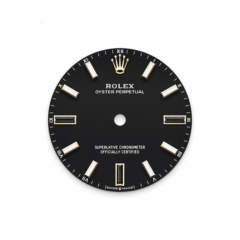 Rolex Oyster Perpetual 34, 18k Yellow Gold, 34mm, Black dial, Domed Oyster, Ref# 124208-0001, Dial