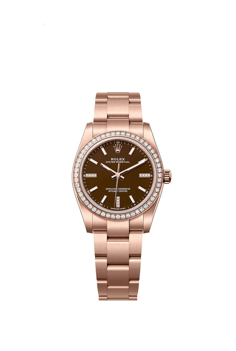 Rolex Oyster Perpetual 34, 18k Everose Gold and Diamonds, 34mm, Brown Stone dial, Oyster, Ref# 124245rbr-0001