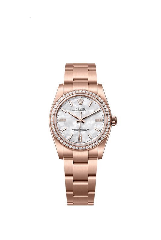 Rolex Oyster Perpetual 34, 18k Everose Gold and Diamonds, 34mm, White Mother-of-Pearl dial, Oyster, Ref# 124245rbr-0002