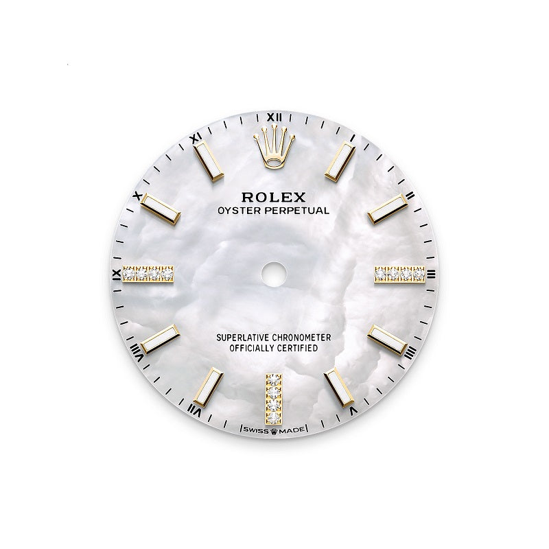 Rolex Oyster Perpetual 34, 18k Yellow Gold and Diamonds, 34mm, White Mother-of-Pearl dial, Oyster, Ref# 124248rbr-0001, Dial