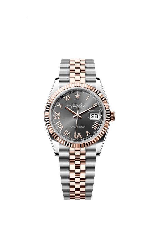 Rolex Datejust 36, Oystersteel and 18k Everose Gold, Slate set with diamonds dial, Fluted Jubilee, Ref# 126231-0047
