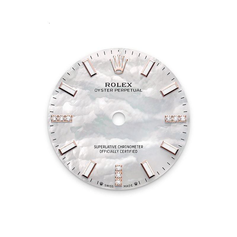 Rolex Oyster Perpetual 28, 18k Everose Gold and Diamonds, 28mm, White Mother-of-Pearl dial, Oyster, Ref# 276245rbr-0001, Dial