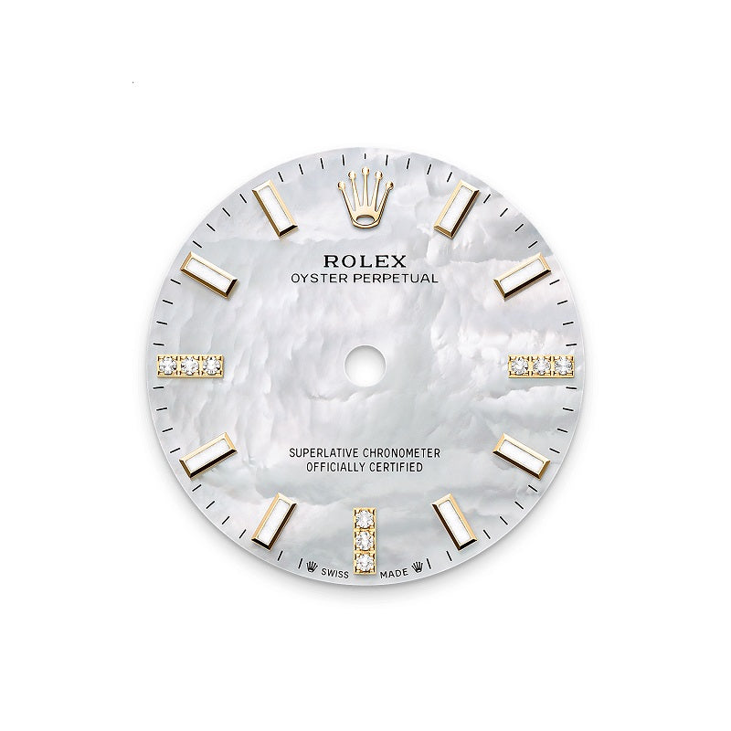 Rolex Oyster Perpetual, 18k Yellow Gold and Diamonds, 28mm, White Mother-of-Pearl dial, Oyster, Ref# 276248rbr-0002, Dial