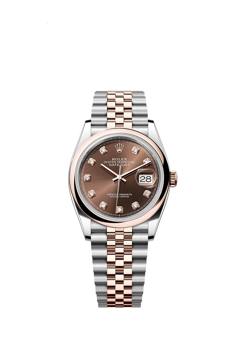 Rolex Datejust 36, Oystersteel and 18k Everose Gold, Chocolate sunray set with 10 diamonds dial, Domed Jubilee, Ref# 126201-0053