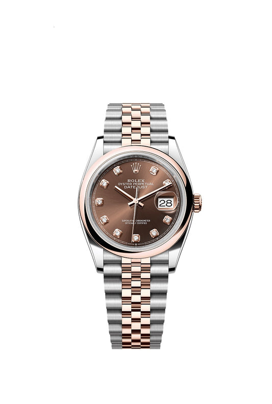 Rolex Datejust 36, Oystersteel and 18k Everose Gold, Chocolate sunray set with 10 diamonds dial, Domed Jubilee, Ref# 126201-0053